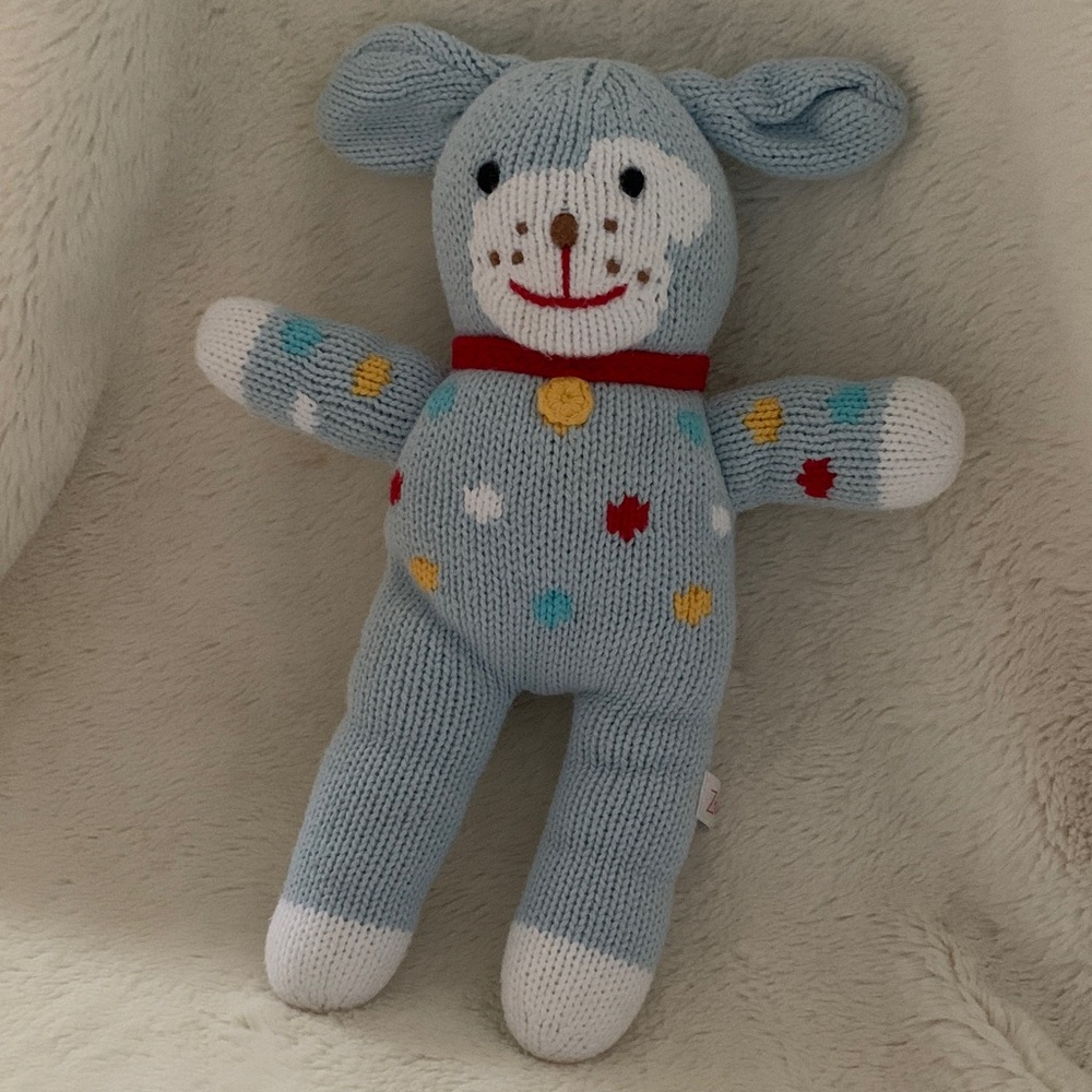 Charming Blue Knitted Dog Plush with Polka Dots